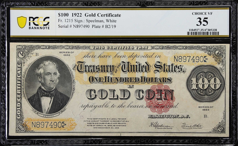 Fr. 1215. 1922 $100 Gold Certificate. PCGS Banknote Choice Very Fine 35.

A pl...