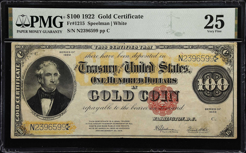 Fr. 1215. 1922 $100 Gold Certificate. PMG Very Fine 25.

A colorful Very Fine ...