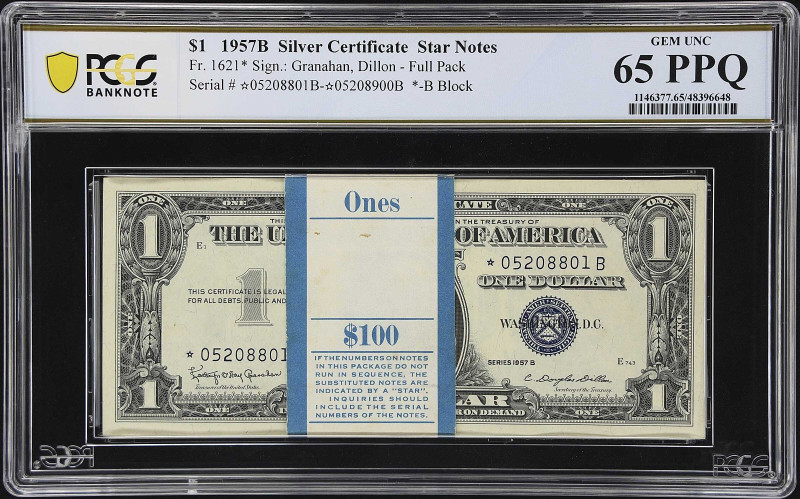 Pack of (100) Fr. 1621*. 1957B $1 Silver Certificate Star Note. PCGS Banknote Ge...