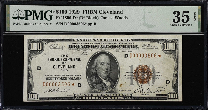 Fr. 1890-D*. 1929 $100 Federal Reserve Bank Star Note. Cleveland. PMG Choice Ver...