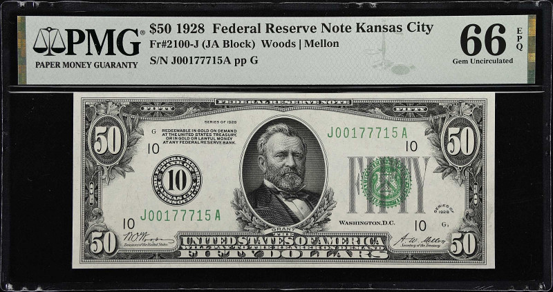 Fr. 2100-J. 1928 $50 Federal Reserve Note. Kansas City. PMG Gem Uncirculated 66 ...