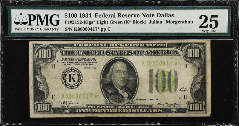 Fr. 2152-Klgs*. 1934 $100 Federal Reserve Star Note. Dallas. PMG Very Fine 25.
...