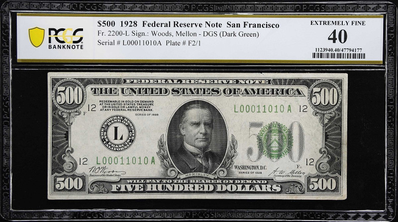 Fr. 2200-L. 1928 Dark Green Seal $500 Federal Reserve Note. San Francisco. PCGS ...