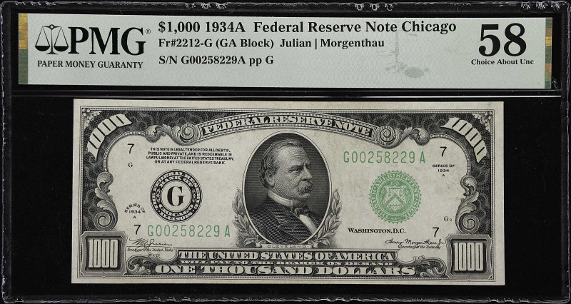 Fr. 2212-G. 1934A $1000 Federal Reserve Note. Chicago. PMG Choice About Uncircul...