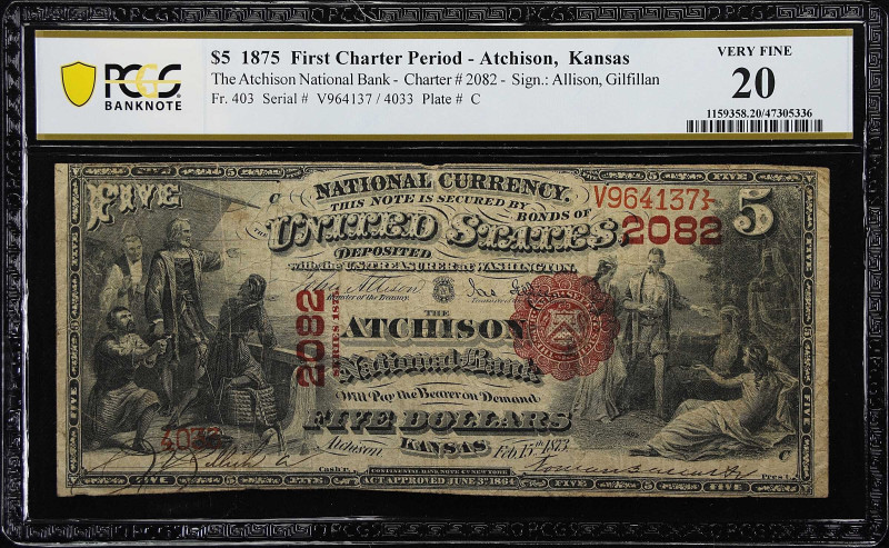 Atchison, Kansas. $5 1875. Fr. 403. The Atchison NB. Charter #2082. PCGS Banknot...