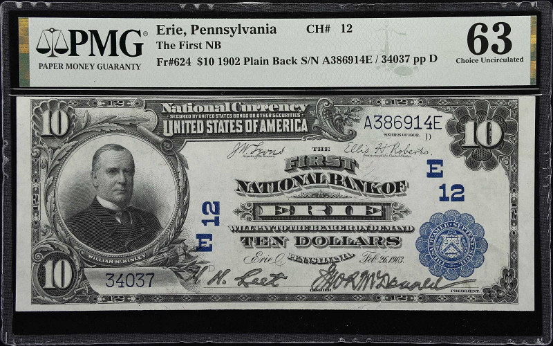 Erie, Pennsylvania. $10 1902 Plain Back. Fr. 624. The First NB. Charter #12. PMG...