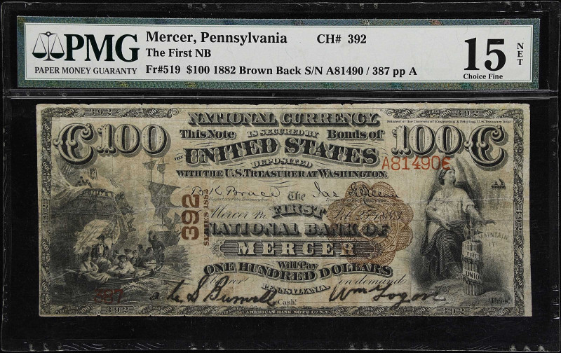 Mercer, Pennsylvania. $100 1882 Brown Back. Fr. 519. The First NB. Charter #392....