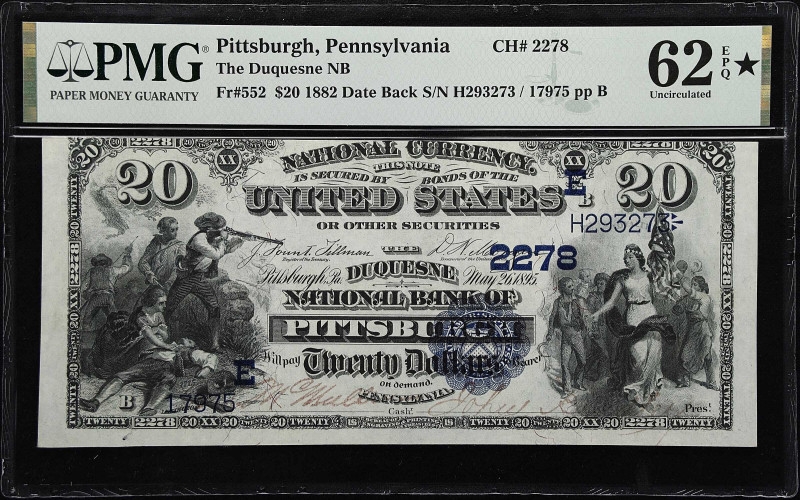 Pittsburgh, Pennsylvania. $20 1882 Date Back. Fr. 552. The Duquesne NB. Charter ...