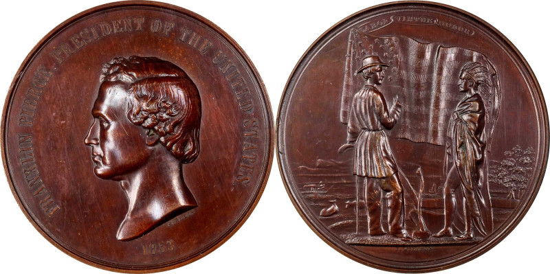 "1853" Franklin Pierce Indian Peace Medal. Bronze. First Size. Julian IP-32, Pru...