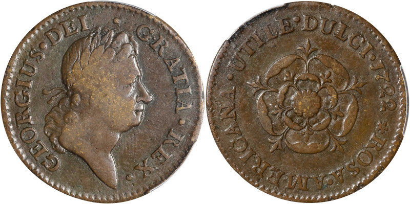 1722 Rosa Americana Penny. Martin 2.9-C.3, W-1264. Rarity-4. UTILE DULCI. Fine-1...