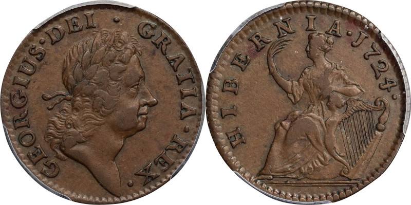 1724 Wood's Hibernia Halfpenny. Martin 4.67-K.3, W-13690. Rarity-2. AU-55 (PCGS)...