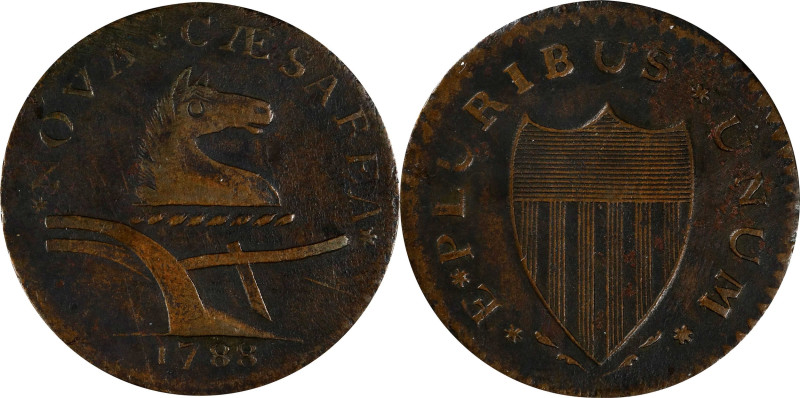 1788 New Jersey Copper. Maris 67-v, W-5510. Rarity-1. Head Right, Brushed Mane. ...