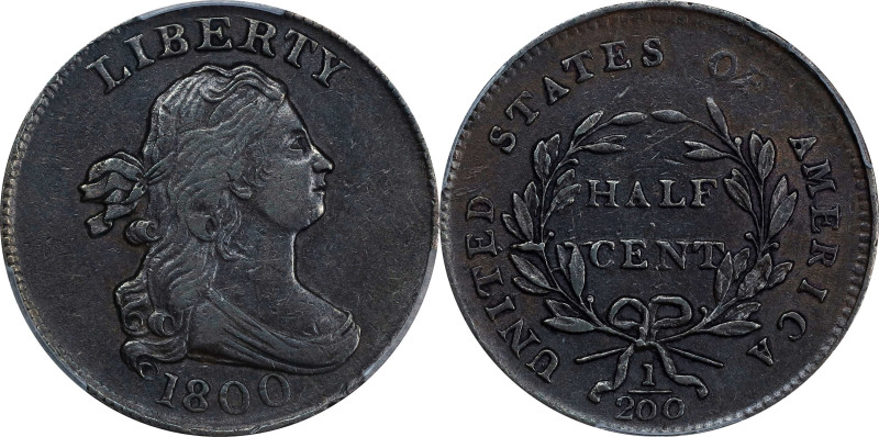 1800 Draped Bust Half Cent. C-1, the only known dies. Rarity-1. EF-40 (PCGS).
...