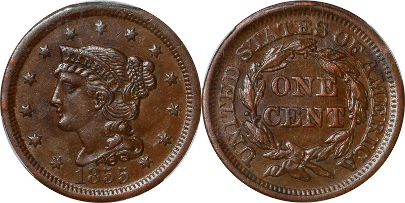 1855 Braided Hair Cent. N-4. Rarity-1. Upright 5s. AU-58 (PCGS).

Grellman Die...