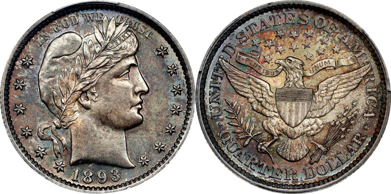 1893 Barber Quarter. MS-62 (PCGS).

PCGS# 5604. NGC ID: 23XW.