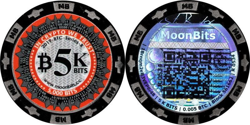 2019 MoonBits 5K Bits 0.005 Bitcoin. Loaded. Firstbits 1Brnqm2e. Serial No. R053...