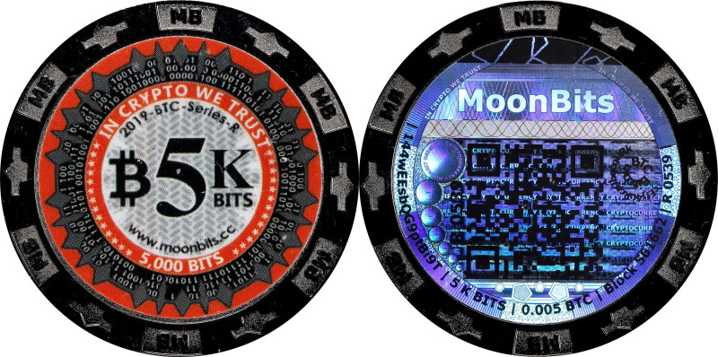 2019 MoonBits 5K Bits 0.005 Bitcoin. Loaded. Firstbits 144wEEsb. Serial No. R053...