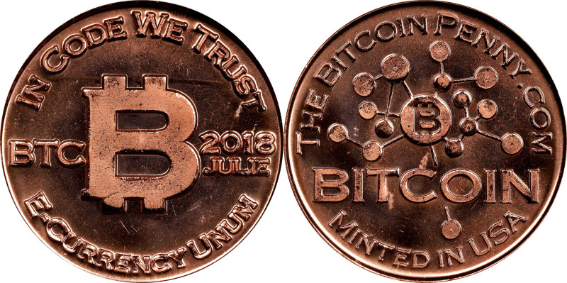 2018 Bitcoin Penny Co. Bitcoin-Themed Copper Token. Node Reverse. JULIE Mintmark...