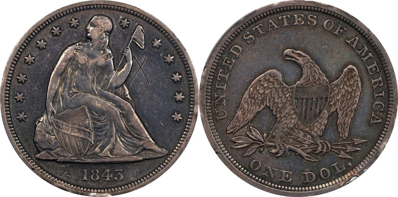 1843 Liberty Seated Silver Dollar. EF Details--Graffiti (PCGS).

PCGS# 6929. N...