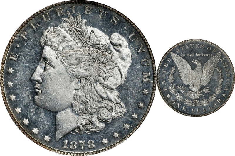 1878 Morgan Silver Dollar. 7 Tailfeathers. Reverse of 1878. MS-62 DMPL (PCGS). C...