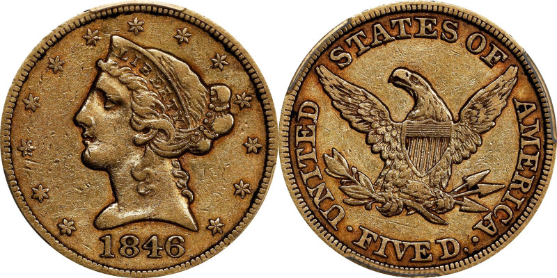 1846 Liberty Head Half Eagle. Large Date. VF-35 (PCGS).

PCGS# 8226. NGC ID: 2...