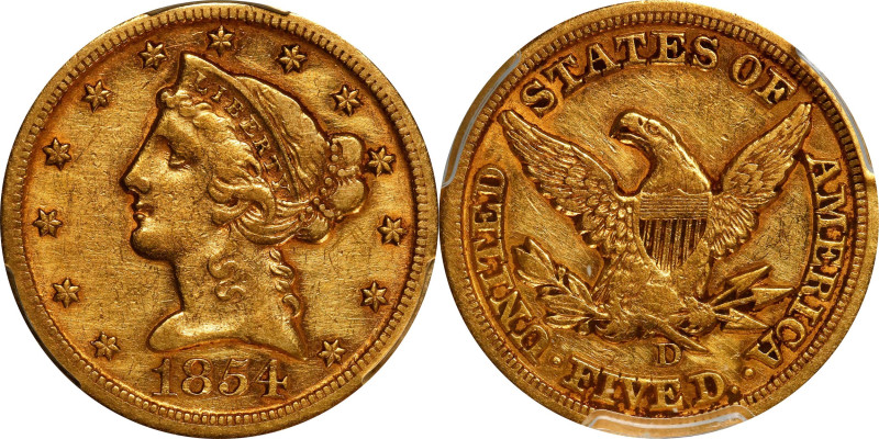 1854-D Liberty Head Half Eagle. Large D. EF Details--Cleaned (PCGS).

PCGS# 82...