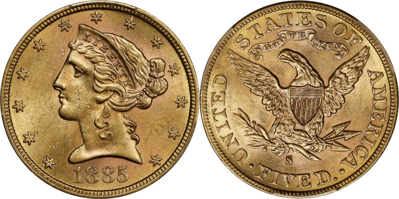 1885-S Liberty Head Half Eagle. MS-62 (PCGS).

PCGS# 8368. NGC ID: 25XT.