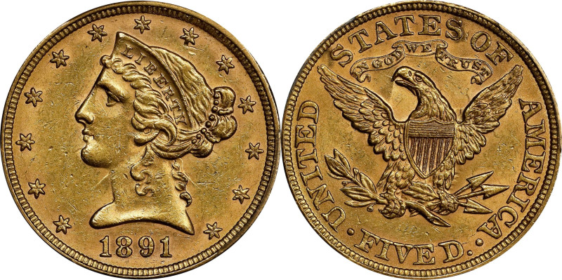 1891 Liberty Head Half Eagle. MS-61 (PCGS).

PCGS# 8377. NGC ID: 25Y4.