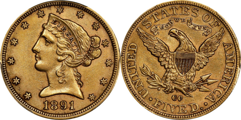 1891-CC Liberty Head Half Eagle. AU-58 (PCGS).

PCGS# 8378. NGC ID: 25Y5.