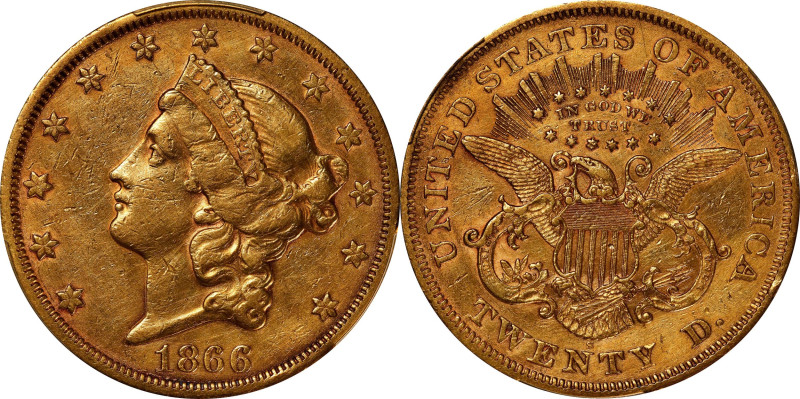 1866-S Liberty Head Double Eagle. Motto. EF Details--Harshly Cleaned (PCGS).

...