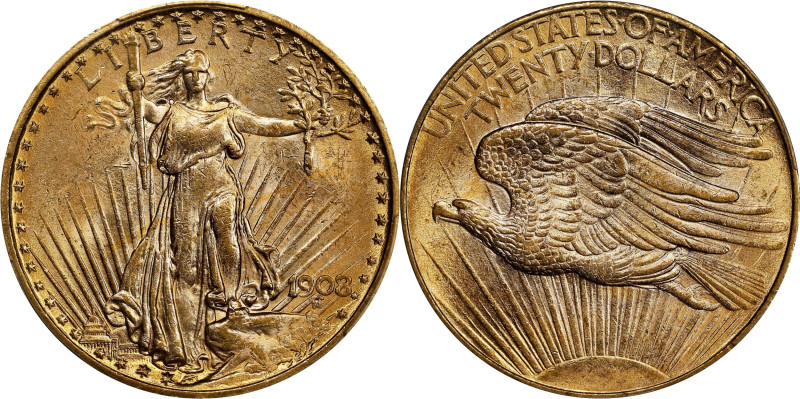 1908 Saint-Gaudens Double Eagle. No Motto. MS-63 (PCGS).

PCGS# 9142. NGC ID: ...