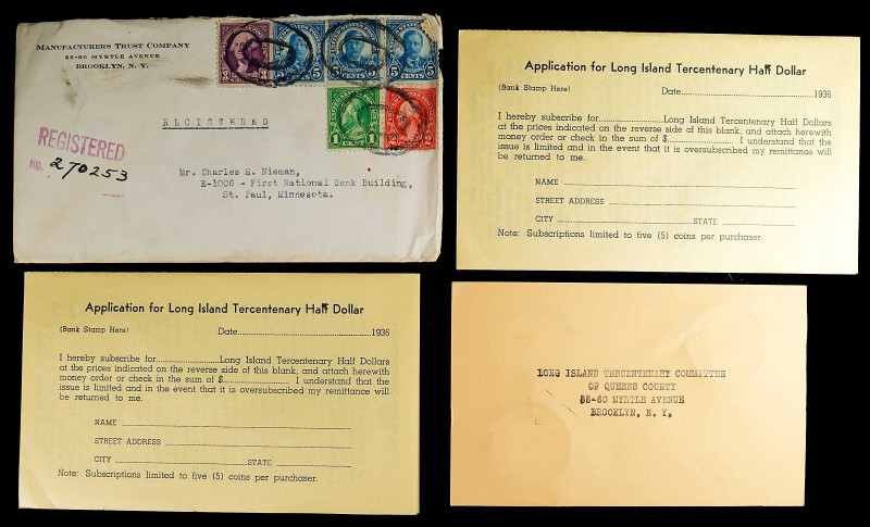 1936 Long Island Tercentenary Five-Coin Tab Holder, (2) Order Applications, and ...