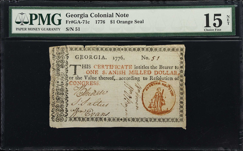 GA-71c. Georgia. 1776. $1. PMG Choice Fine 15 Net.

No. 51. The orange seal re...