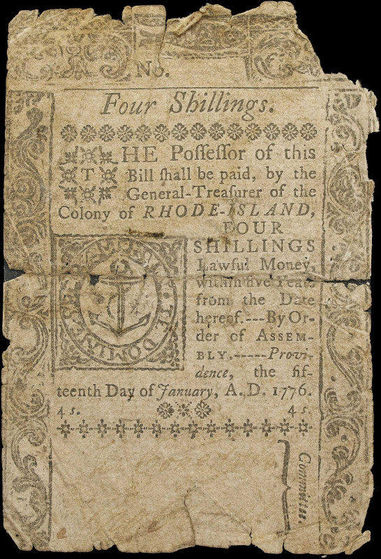 RI-223. Rhode Island. January 15, 1776. 4 Shillings. Good, split and taped.

S...