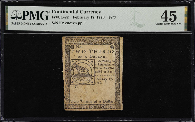 CC-22. Continental Currency. February 17, 1776. $2/3. PMG Choice Extremely Fine ...