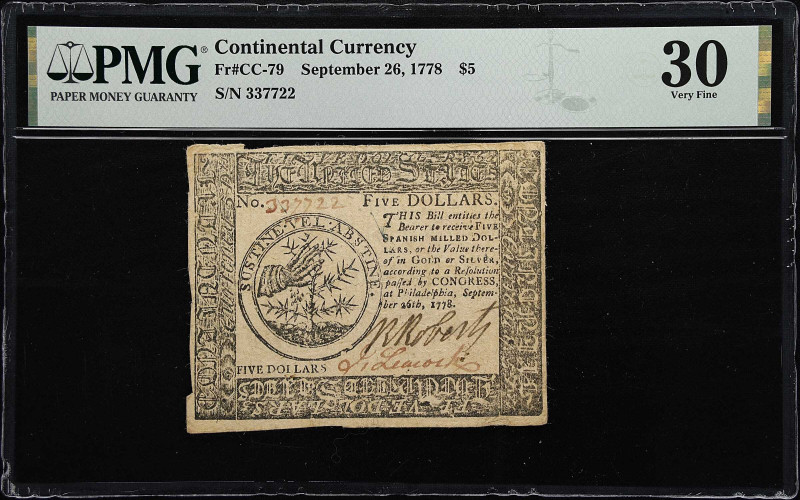 CC-79. Continental Currency. September 26, 1778. $5. PMG Very Fine 30.

No. 33...