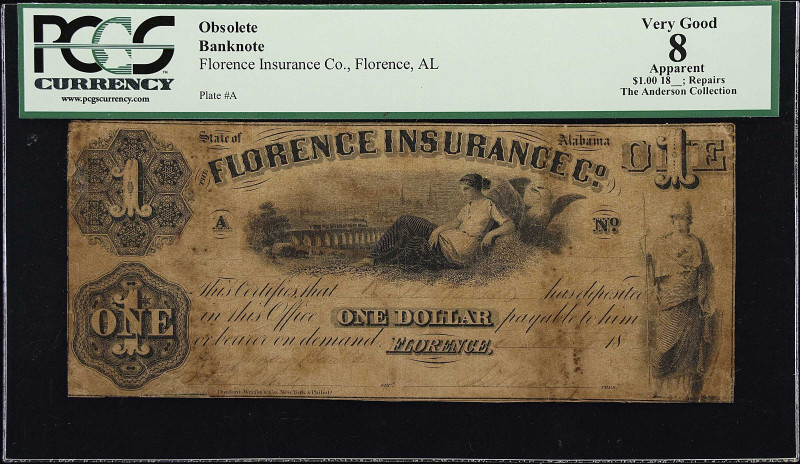 Florence, Alabama. Florence Insurance Co. 18xx $1. PCGS Currency Very Good 8 App...