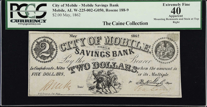 Mobile, Alabama. Mobile Savings Bank. W-225-002-G050. 1862 $2. PCGS Currency Ext...