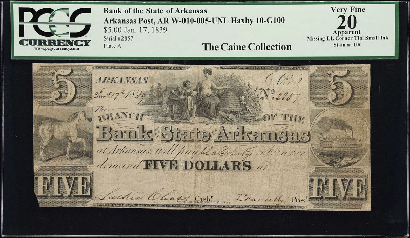 Arkansas Post, Arkansas. Bank of the State of Arkansas. Haxby 10-G100, W-010-005...