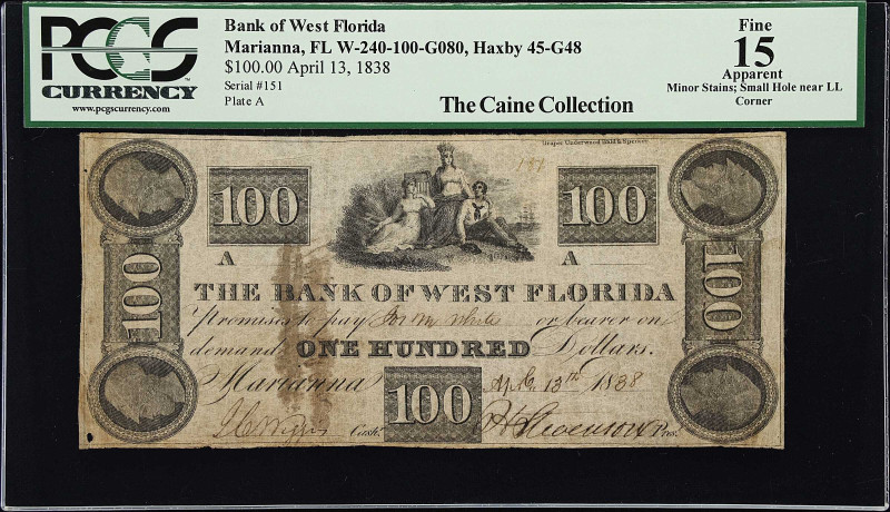 Marianna, Florida. Bank of West Florida. Haxby 45-G48, W240-100-G080. 1838 $100....