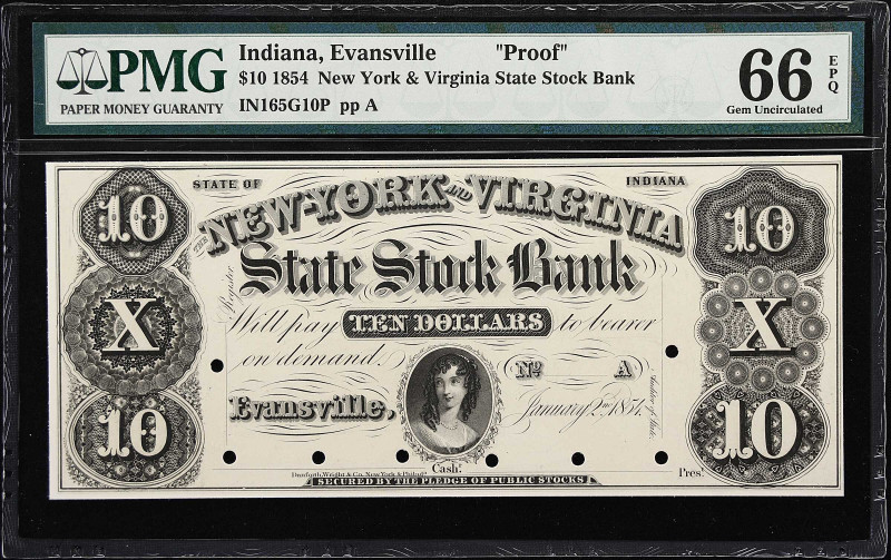 Evansville, Indiana. New York & Virginia Stock Bank. Haxby 165-G10P. 1854 $10. P...