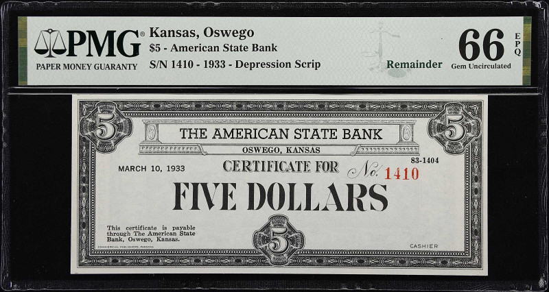 Oswego, Kansas. The American State Bank. 1933. Remainder. $5. PMG Gem Uncirculat...