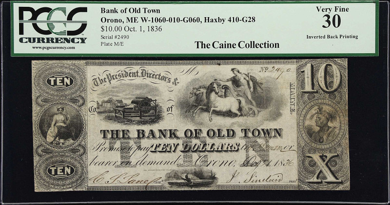 Orono, Maine. Bank of Old Town. Haxby 410-G28, W-1060-010-G060. 1836 $10. PCGS C...