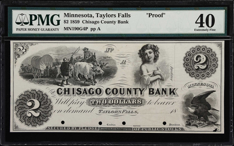 Taylors Falls, Minnesota. Chisago County Bank. Haxby 190-G4P. 1859 $2. Proof. PM...