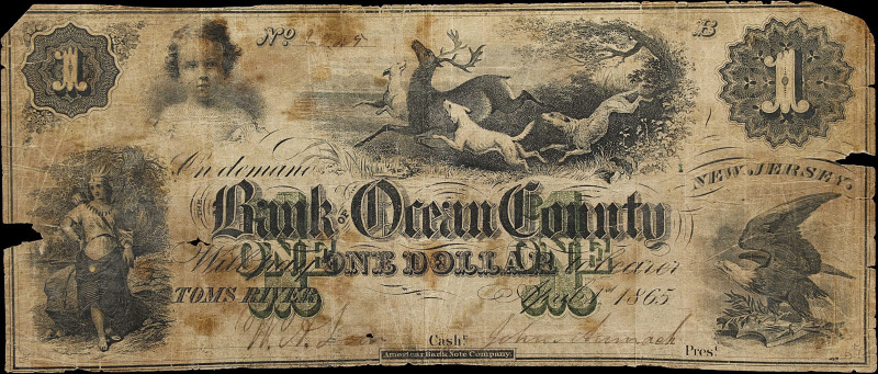 Toms River, New Jersey. Bank of Ocean County. 1865 $1. Very Good.

Altered fro...