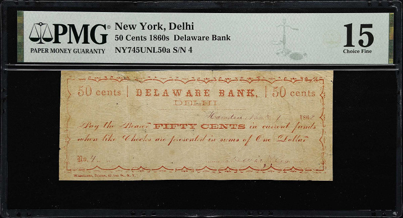 Delhi, New York. Delaware Bank. 1862 50 Cents. PMG Choice Fine 15.

Harris Unl...