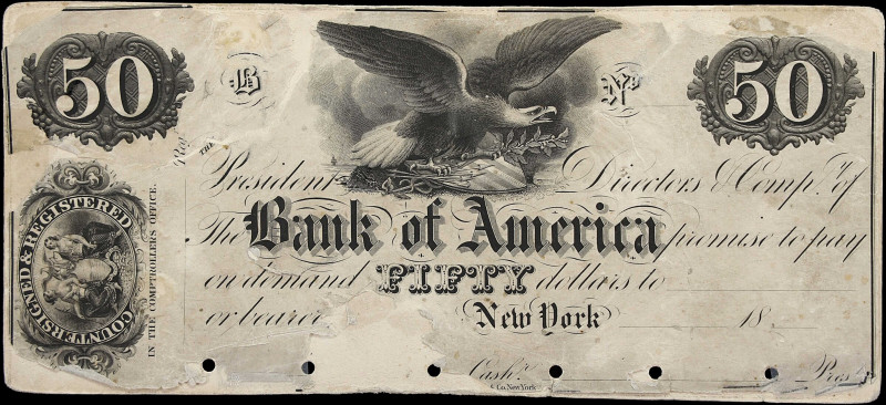 New York, New York. Bank of America. 18xx $50. Poor.

(NY-1435 G116) Imprint u...