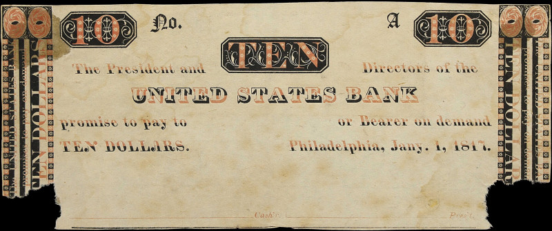 Philadelphia, Pennsylvania. United States Bank. 1817 Test Note. 10. Extremely Fi...