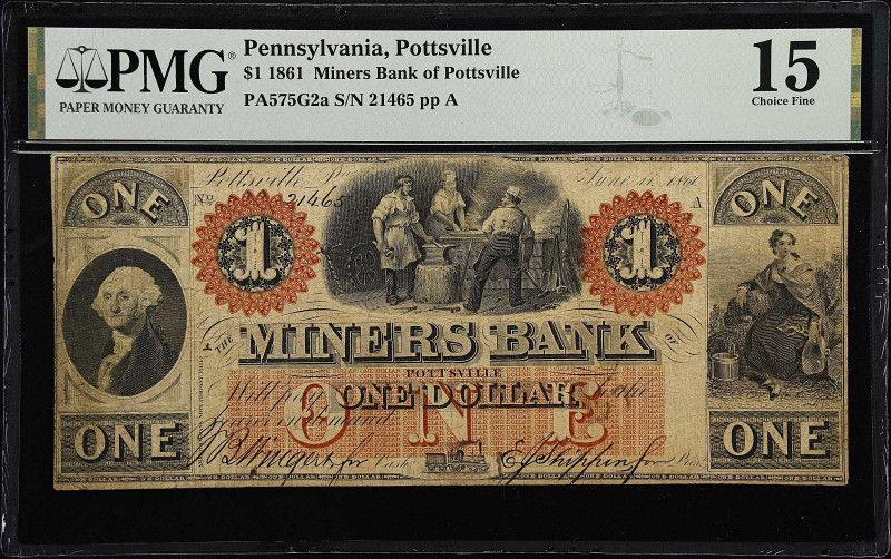 Pottsville, Pennsylvania. Miners Bank of Pottsville. 1861. $1. PMG Choice Fine 1...