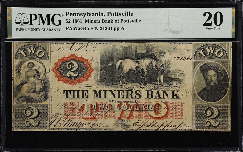 Pottsville, Pennsylvania. Miners Bank of Pottsville. 1861. $2. PMG Very Fine 20....